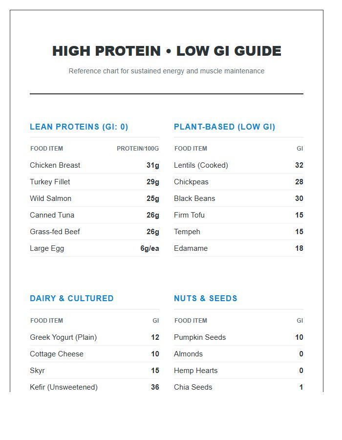 High Protein Low Glycemic Index Food Printable Chart