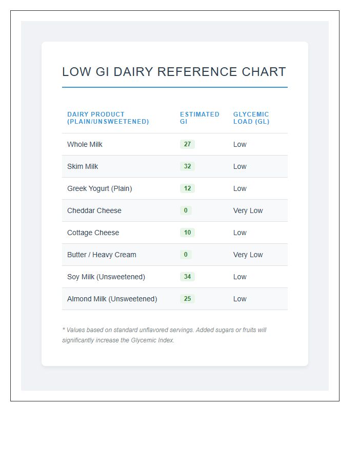 Low Glycemic Index Dairy Products Printable Chart