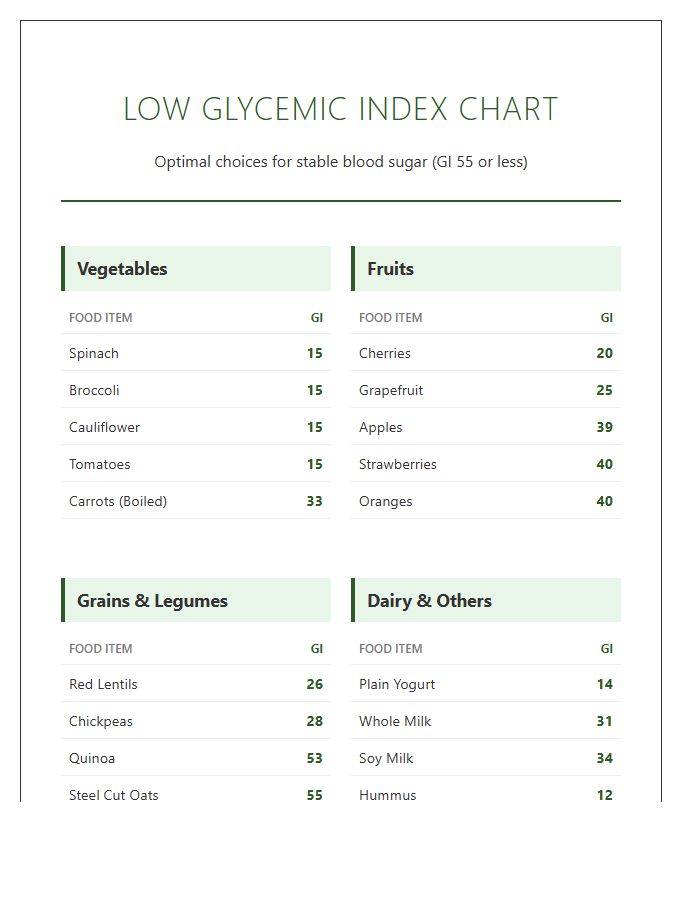 Low Glycemic Index Food Printable Chart
