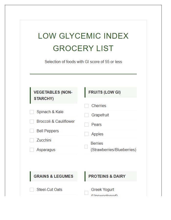 Low Glycemic Index Grocery List Printable Chart