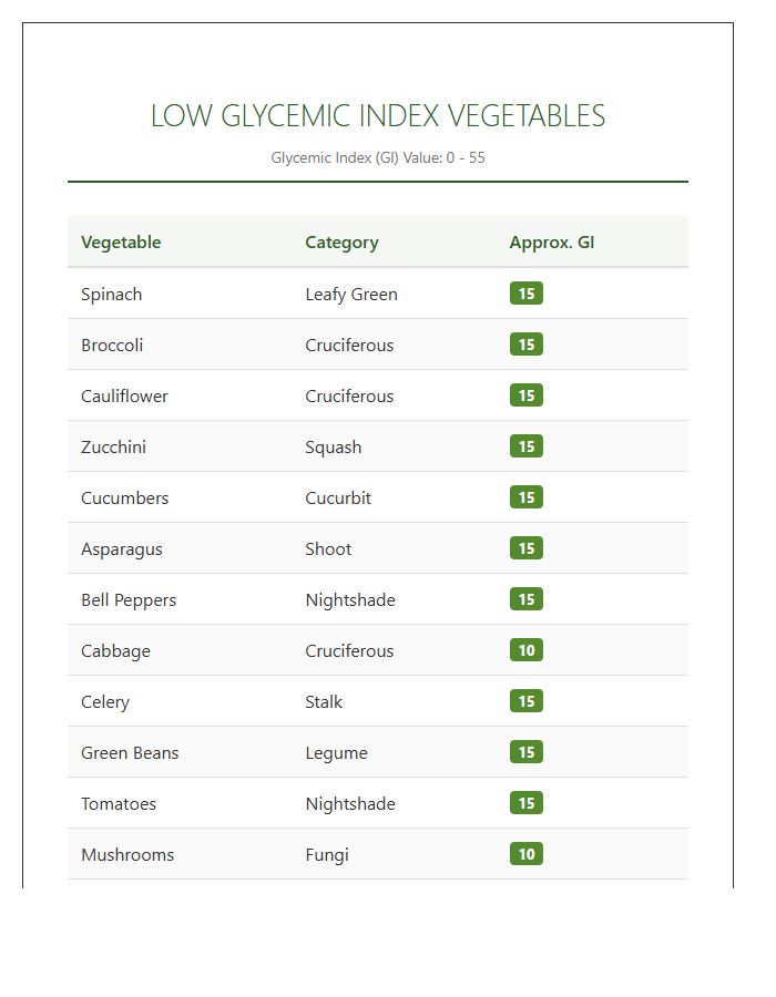 Low Glycemic Index Vegetables Printable Chart