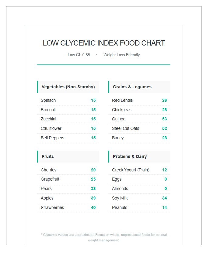 Weight Loss Low Glycemic Index Food Printable Chart