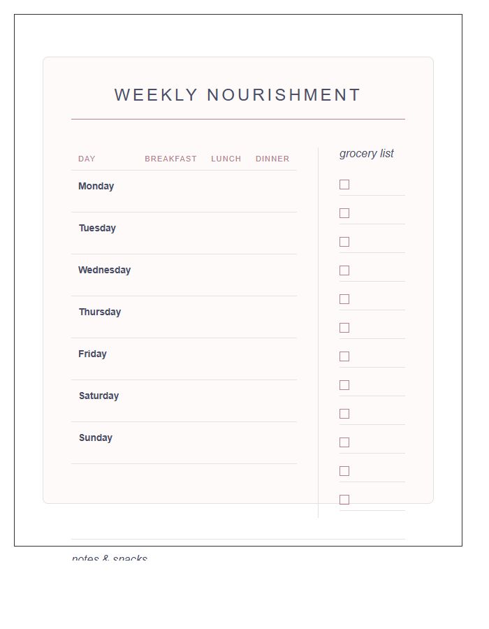 Aesthetic Weekly Meal Planning Printable Chart