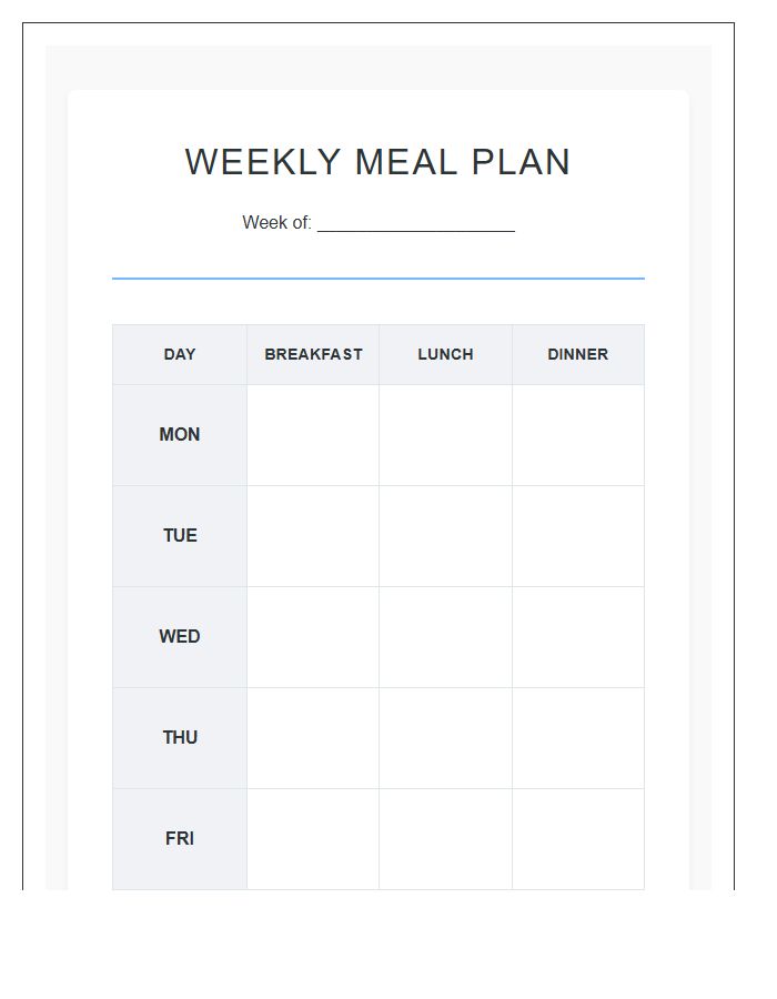 Beginner Weekly Meal Planning Printable Chart
