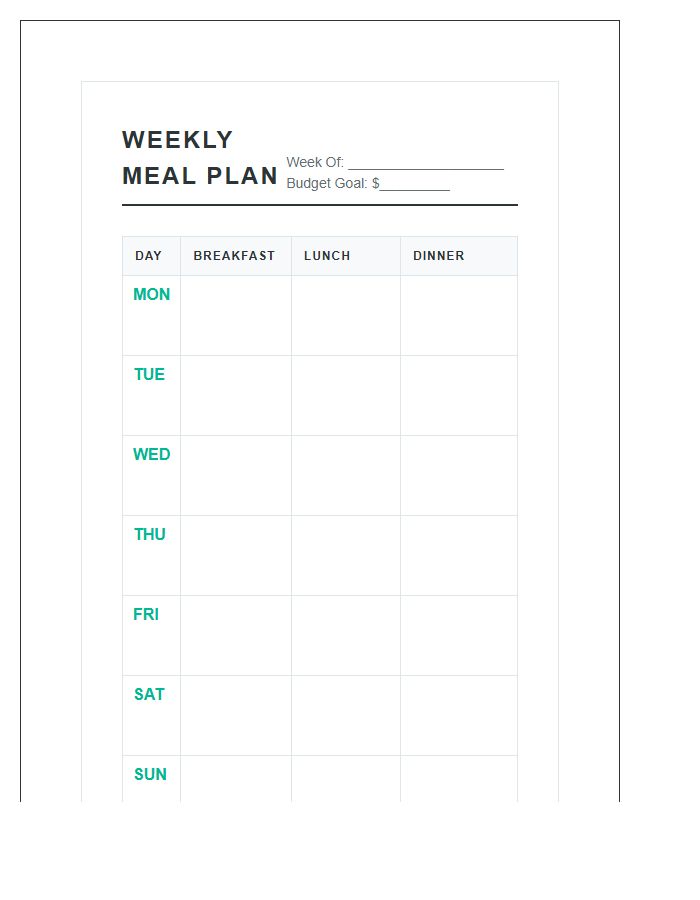 Budget Weekly Meal Planning Printable Chart