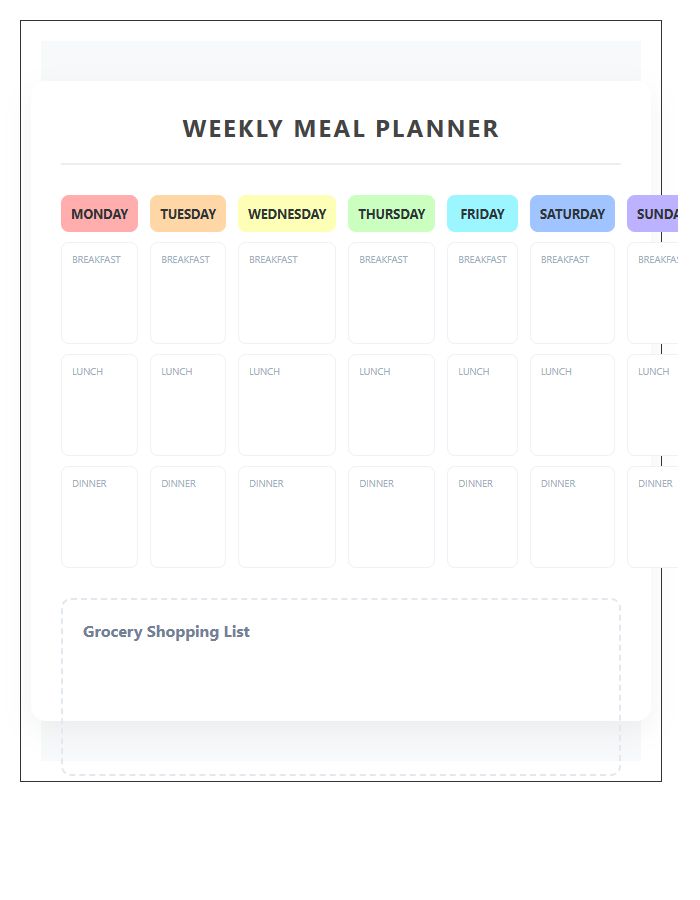 Colorful Weekly Meal Planning Printable Chart