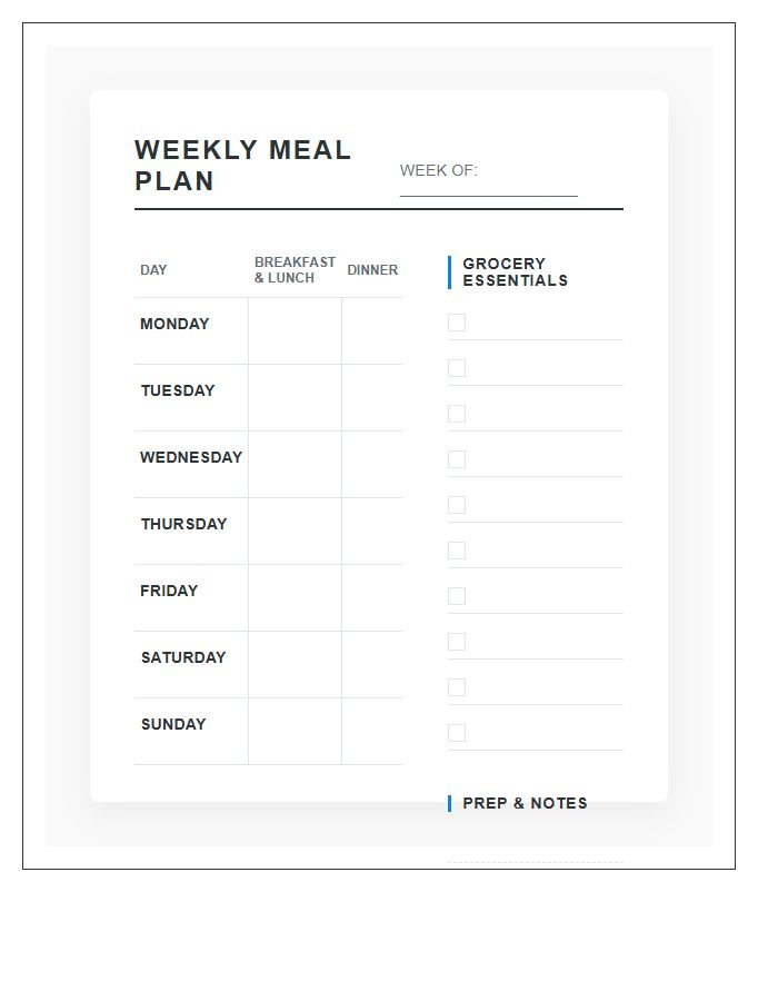 Comprehensive Weekly Meal Planning Printable Chart