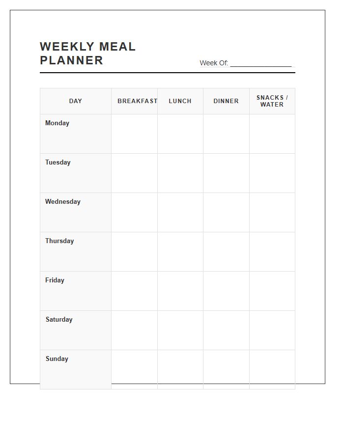 Daily Tracker Weekly Meal Planning Printable Chart