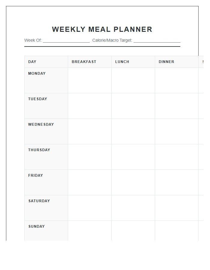 Detailed Weekly Meal Planning Printable Chart