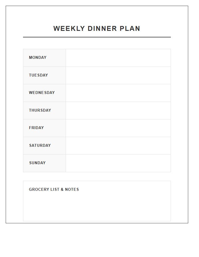 Dinner Only Weekly Meal Planning Printable Chart