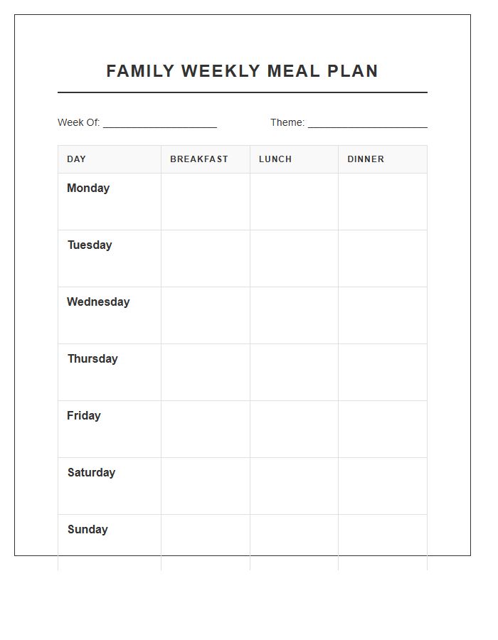 Family Weekly Meal Planning Printable Chart