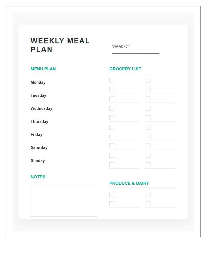 Grocery List Weekly Meal Planning Printable Chart