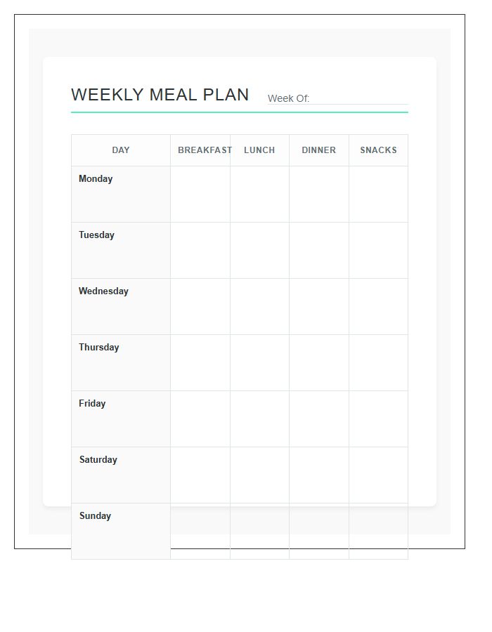 Healthy Weekly Meal Planning Printable Chart