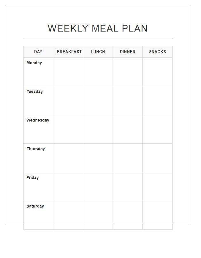 Kitchen Weekly Meal Planning Printable Chart