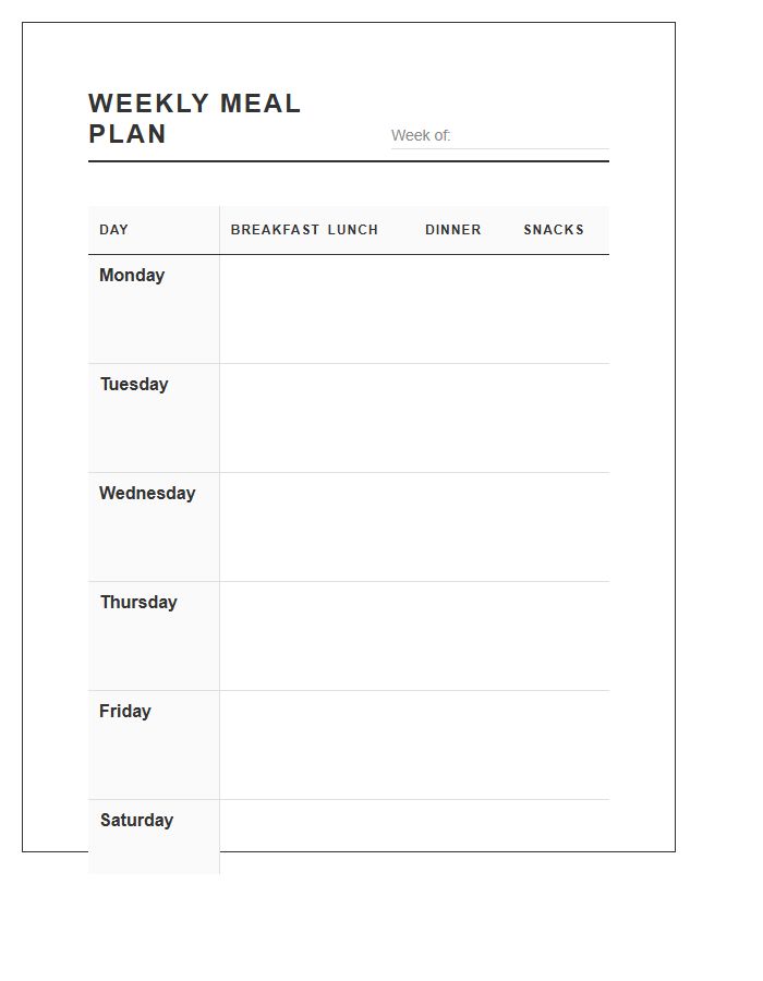 Minimalist Weekly Meal Planning Printable Chart