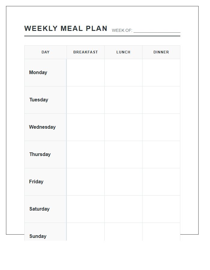 Organized Weekly Meal Planning Printable Chart