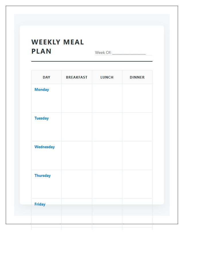 Professional Weekly Meal Planning Printable Chart