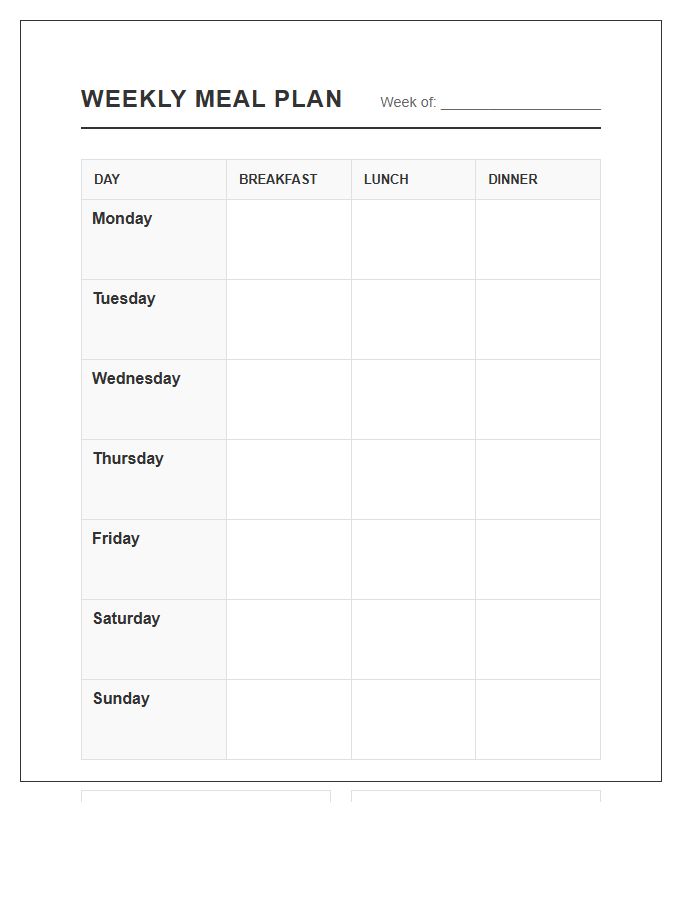 Simple Weekly Meal Planning Printable Chart