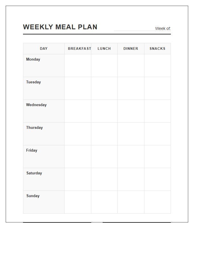 Standard Weekly Meal Planning Printable Chart