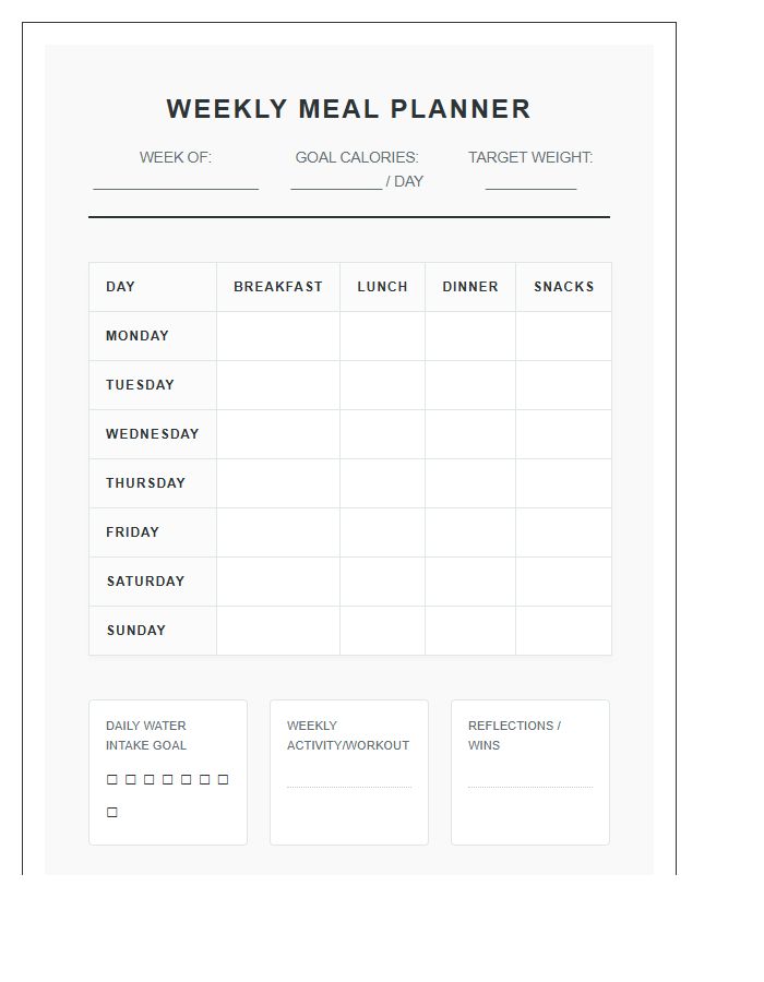 Weight Loss Weekly Meal Planning Printable Chart