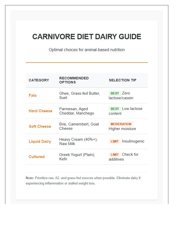 Carnivore Diet Dairy Options Printable Chart