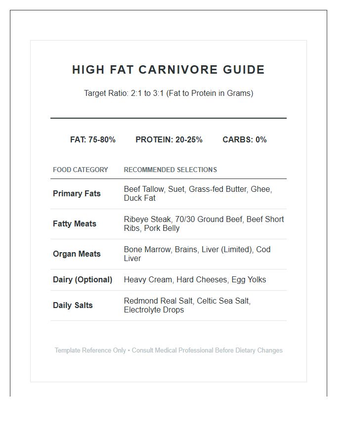 High Fat Carnivore Diet Printable Chart