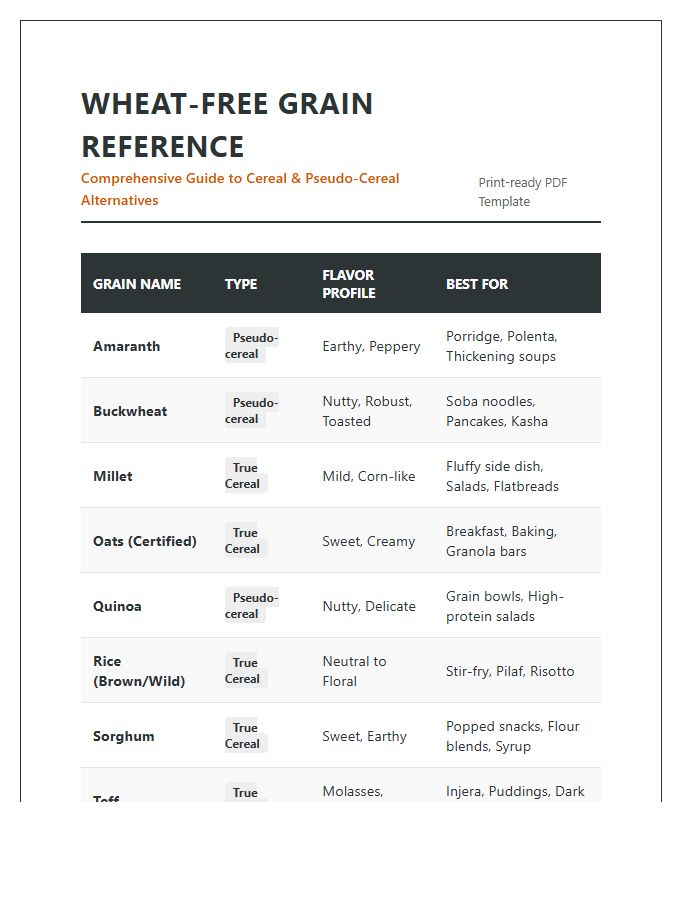 Printable Comprehensive Wheatless Grains Chart