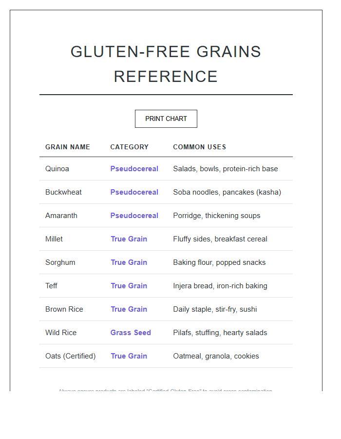 Printable Essential Glutenless Grains List Chart