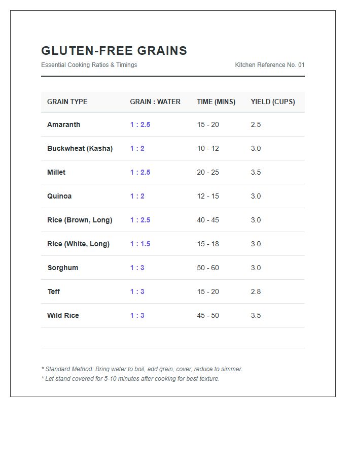 Printable Glutenless Grains Cooking Ratio Chart