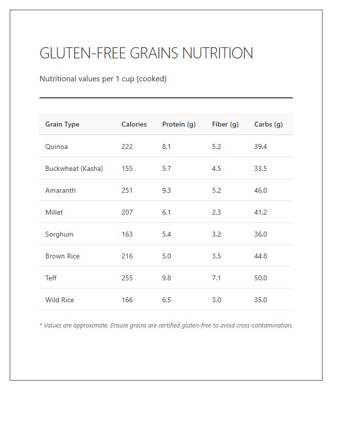 Printable Glutenless Grains Nutrition Facts Chart