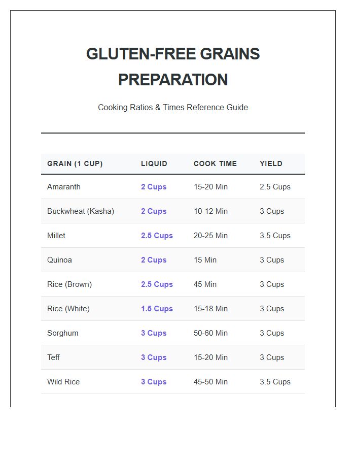 Printable Glutenless Grains Preparation Chart