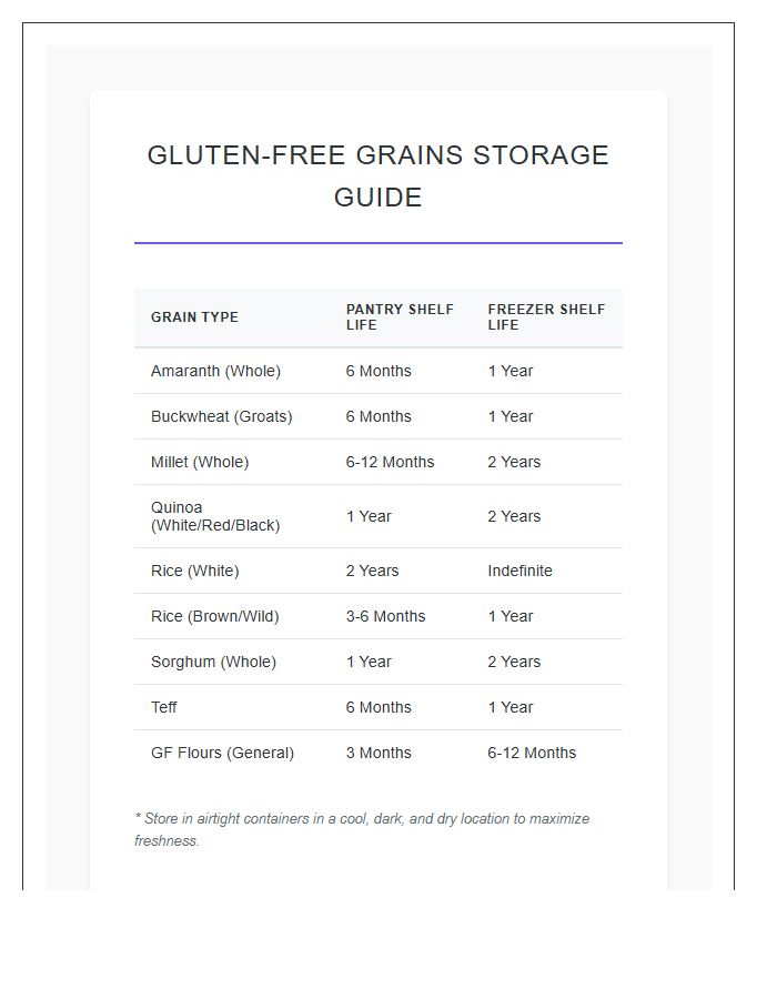 Printable Glutenless Grains Storage Chart