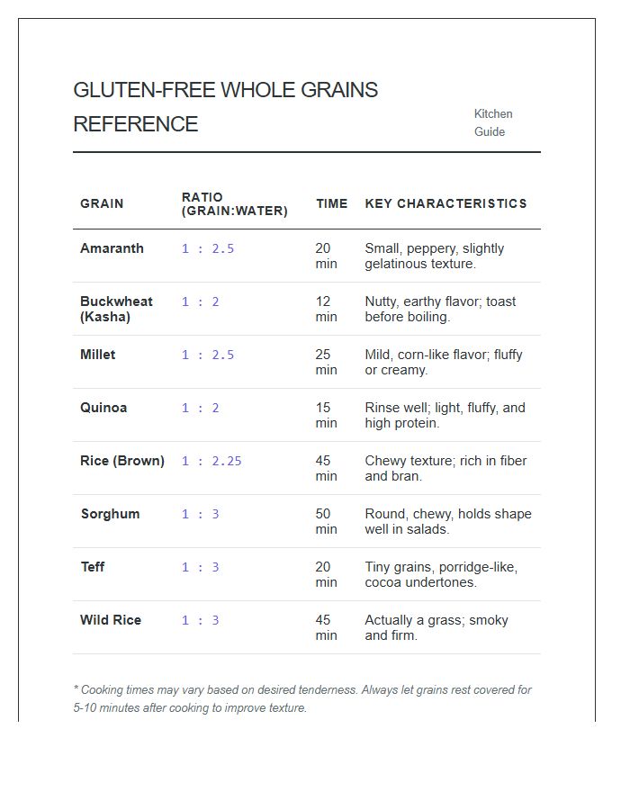 Printable Glutenless Whole Grains Reference Chart