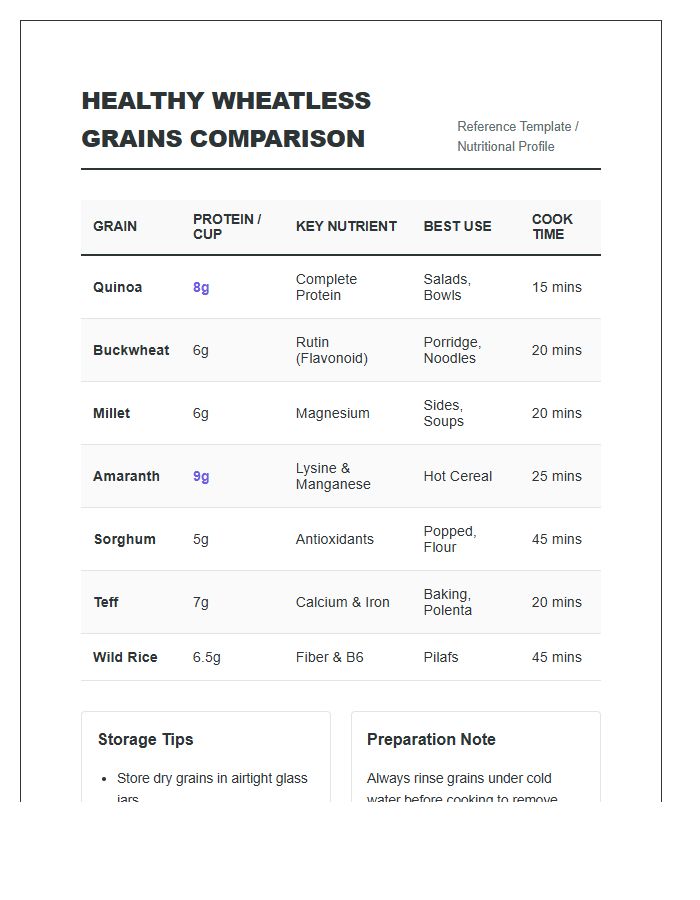 Printable Healthy Wheatless Grains Comparison Chart