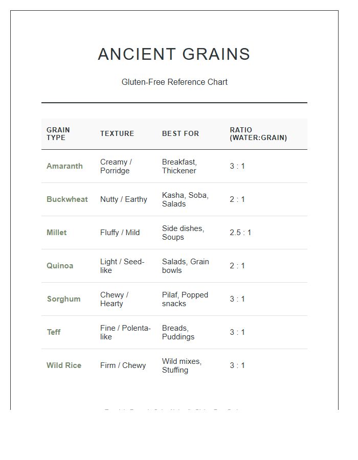 Printable Non Gluten Ancient Grains Chart