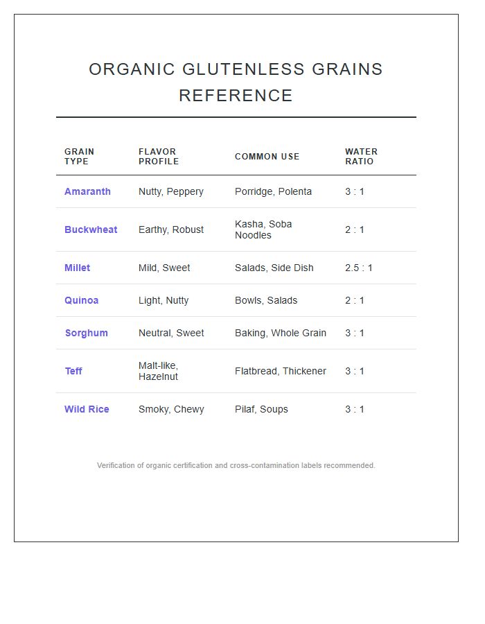Printable Organic Glutenless Grains Reference Chart