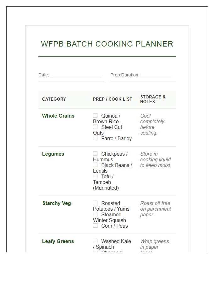 Whole Food Plant Based Batch Cooking Printable Chart