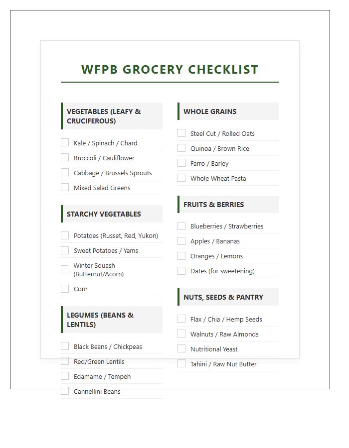 Whole Food Plant Based Grocery List Printable Chart