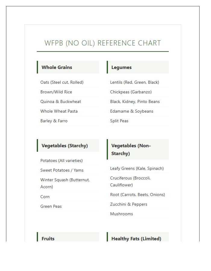 Whole Food Plant Based No Oil Printable Chart