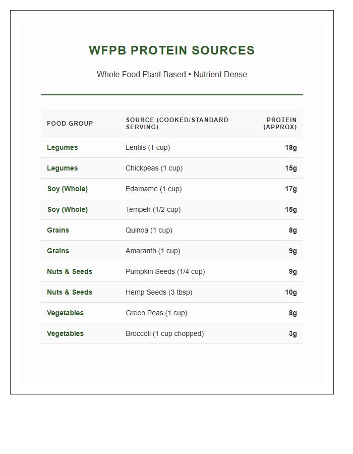 Whole Food Plant Based Protein Sources Printable Chart