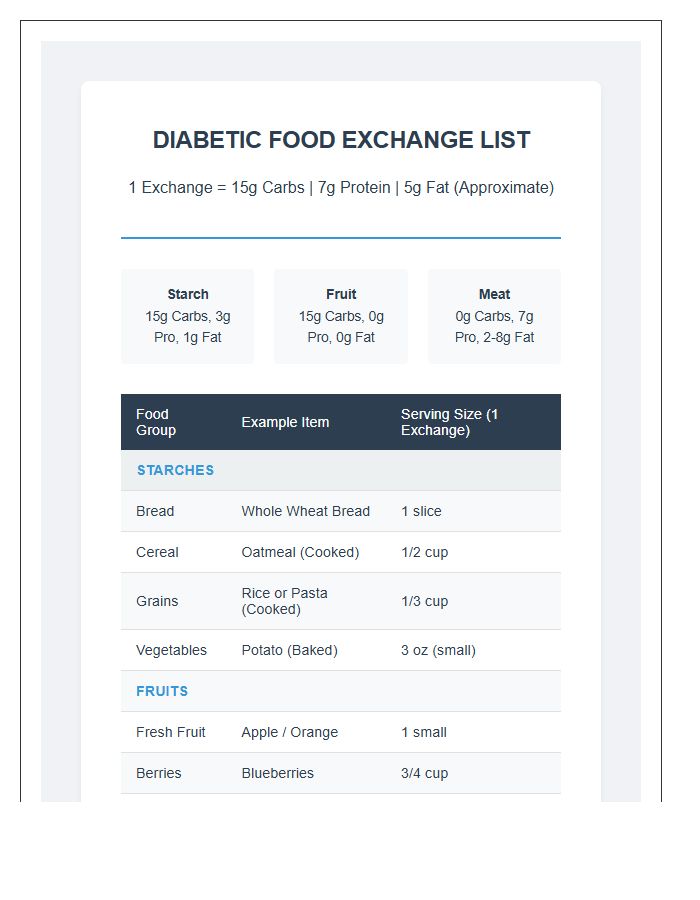Diabetic Food Exchange List Printable Chart