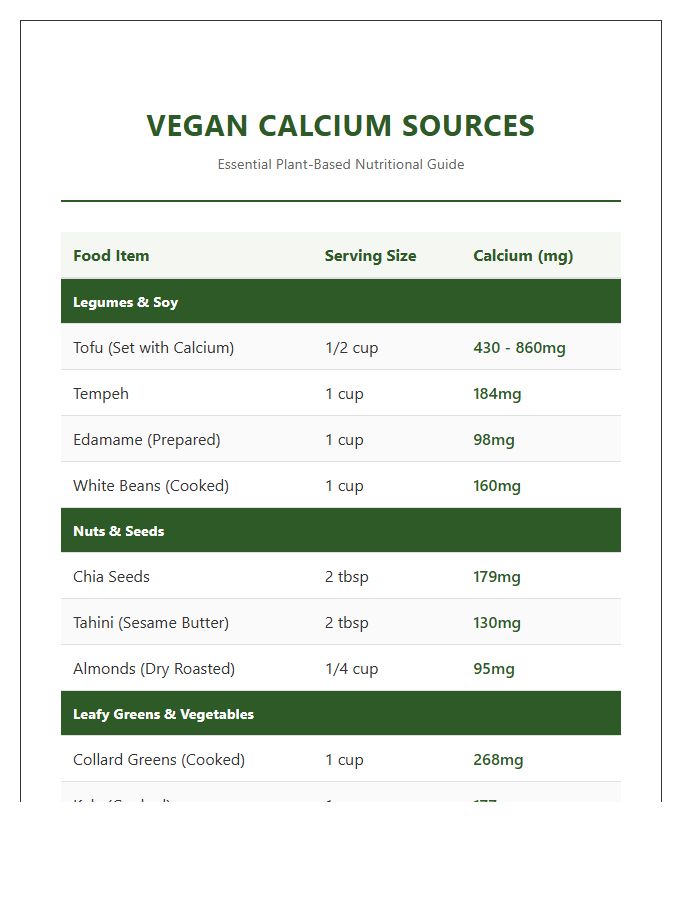 Comprehensive Vegan Calcium Food Sources Printable Chart