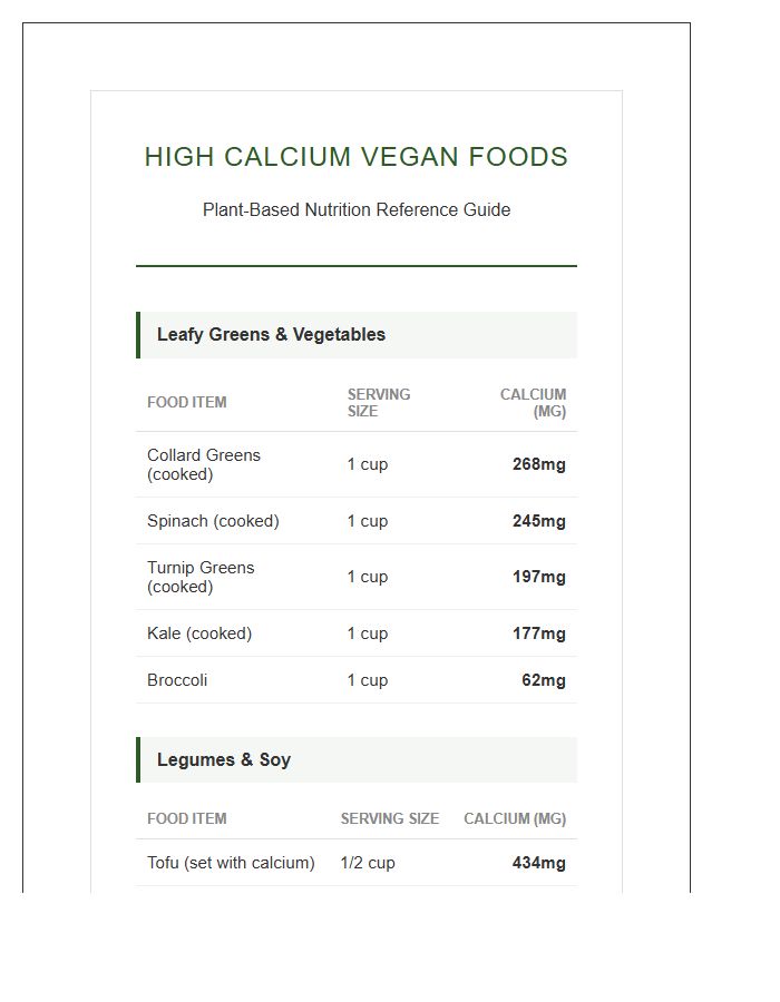 High Calcium Vegan Foods List Printable Chart