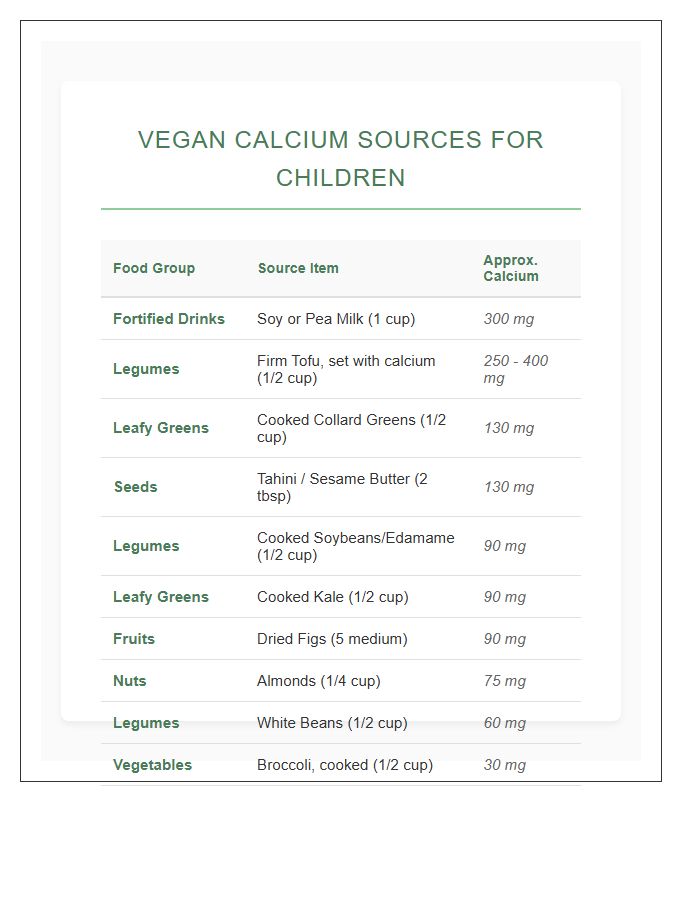 Vegan Child Nutrition Calcium Sources Printable Chart