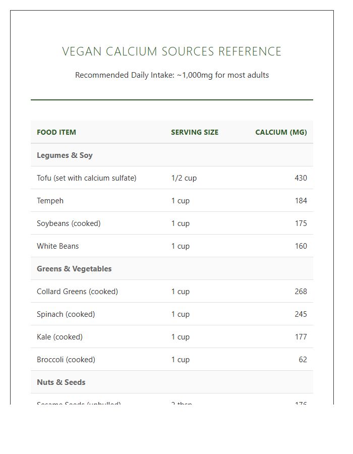 Vegan Diet Calcium Content Printable Reference Chart