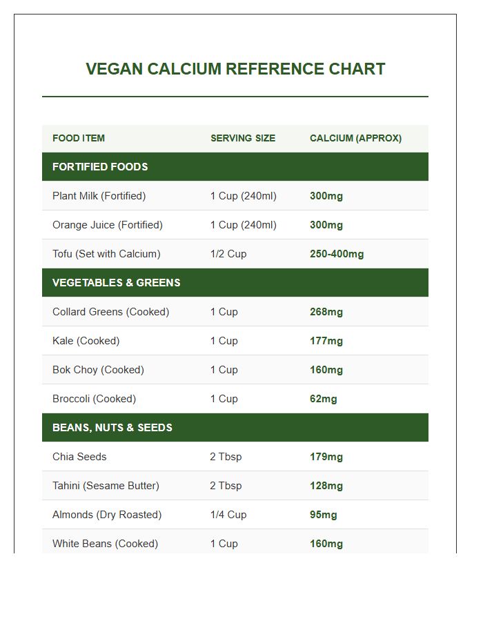 Vegan Friendly Calcium Rich Foods Printable Reference Chart