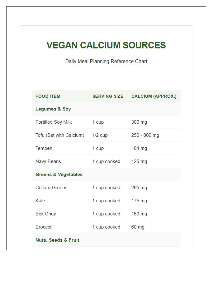 Vegan Meal Planning Calcium Sources Printable Chart