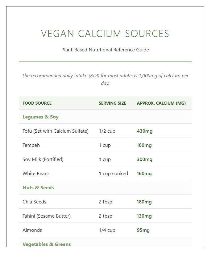 Vegan Nutrition Calcium Sources Printable Educational Chart