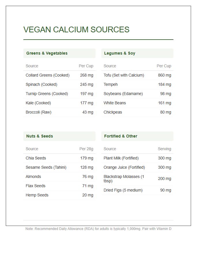 Vegan Pantry Calcium Sources Printable Reference Chart