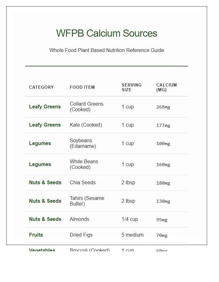 Whole Food Plant Based Calcium Sources Printable Chart